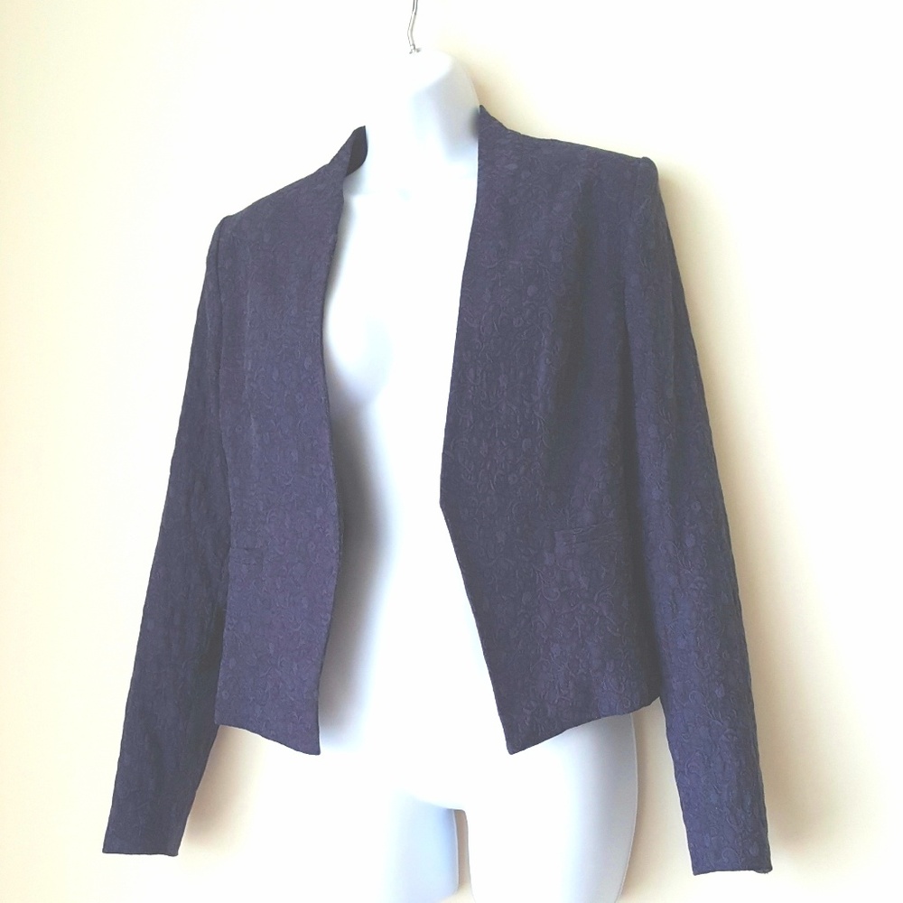 Damask Navy Blazer Jacket Feminine Body Hugging V Neck Fully Lined Unisex Size 8 - Picture 4 of 7